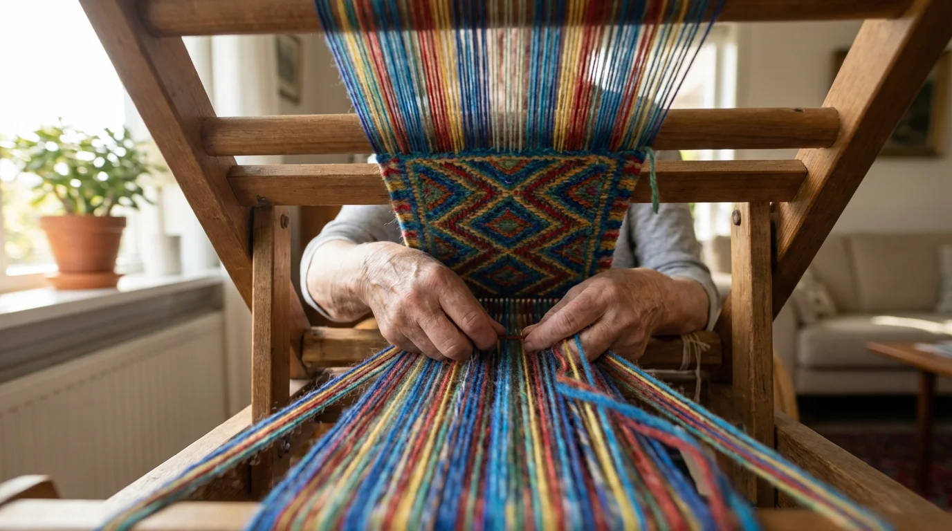 A low angle close-up of a senior woman's hands weaving on a tabletop loom.