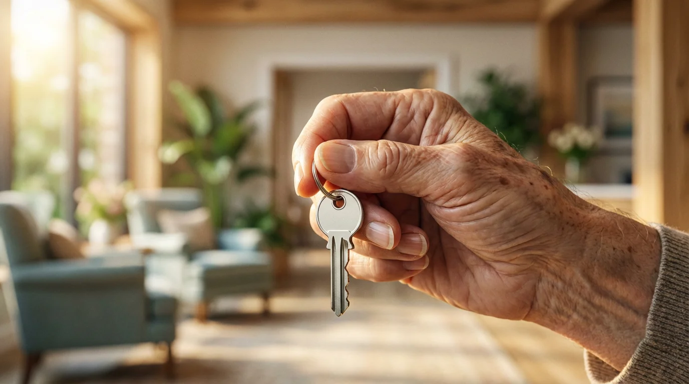 A low angle close-up of a senior's hand holding a modern key indoors.
