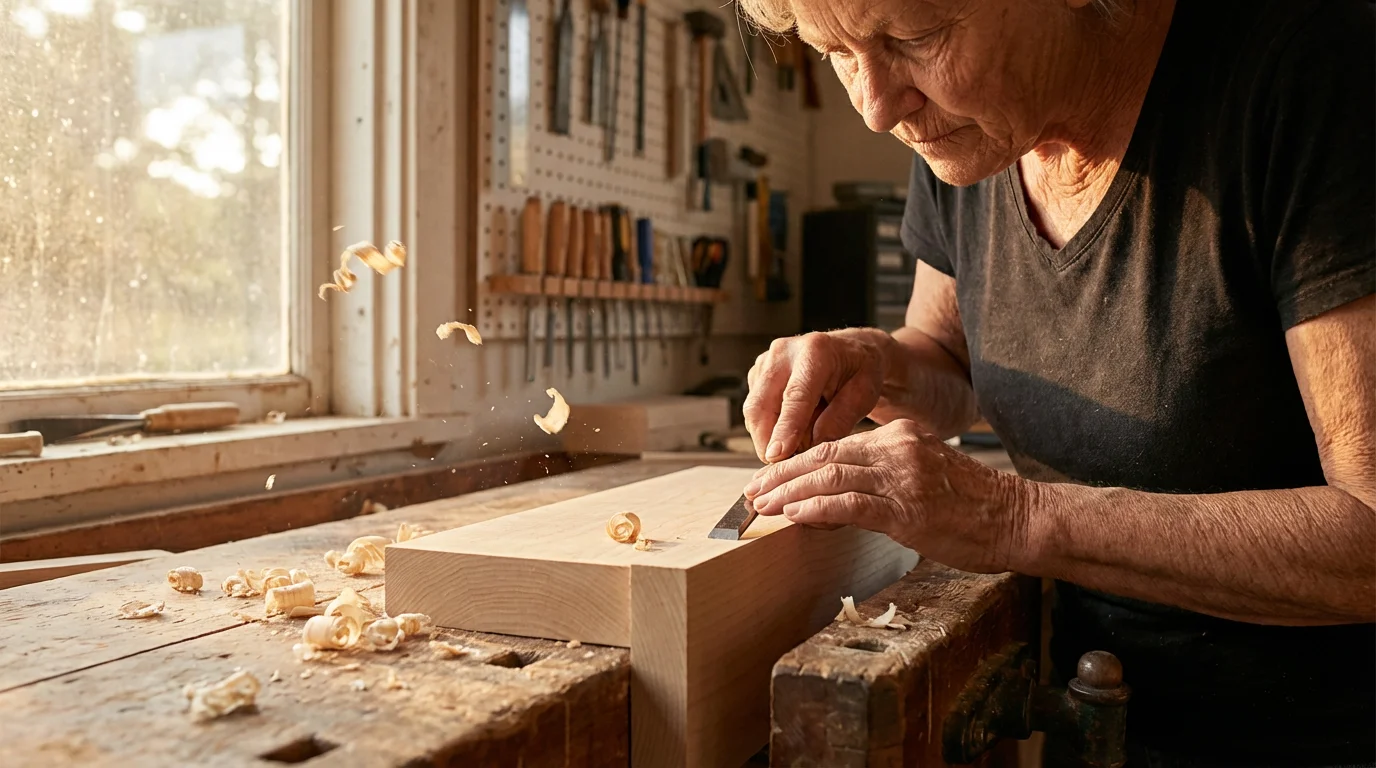 A low angle close-up of a senior's hands carefully carving wood with a chisel.