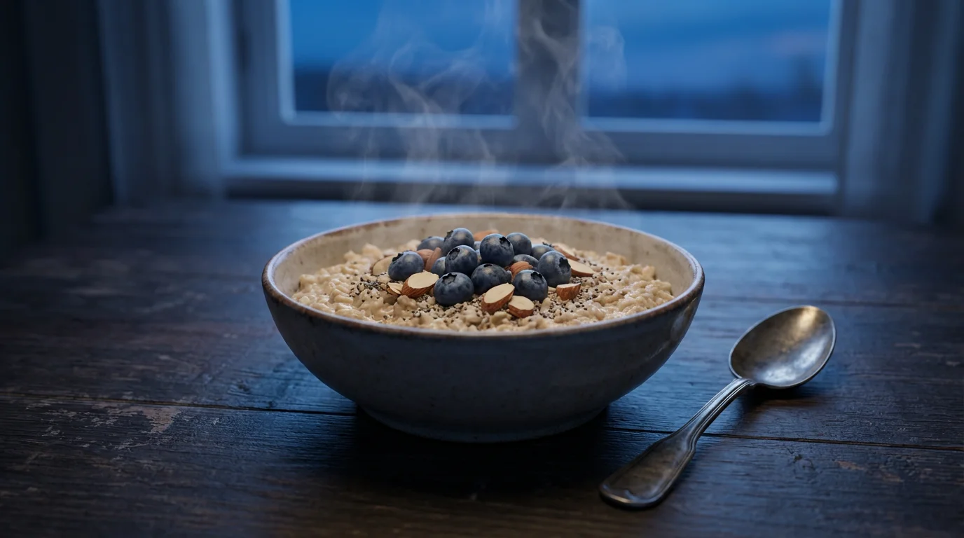 A low angle photo of a healthy bowl of oatmeal with blueberries and almonds.