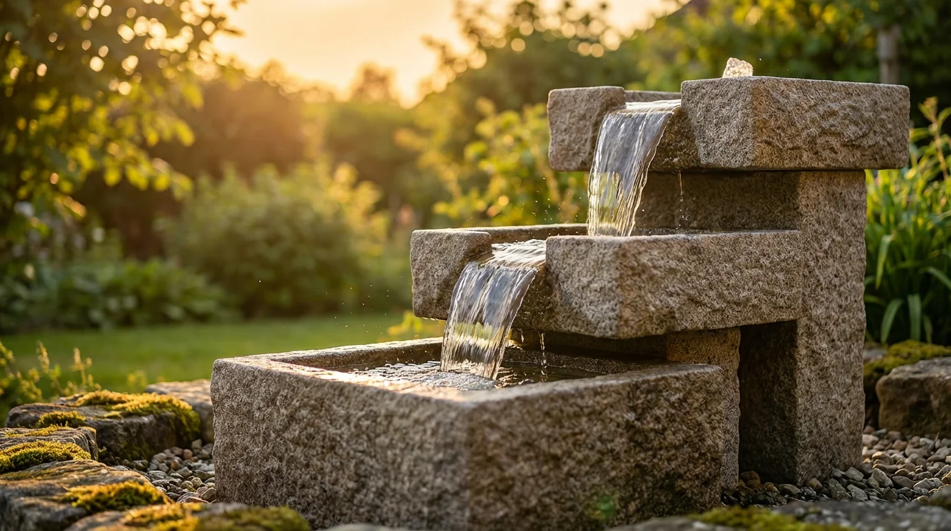 A low angle photograph of a multi-tiered stone fountain with cascading water at sunset.