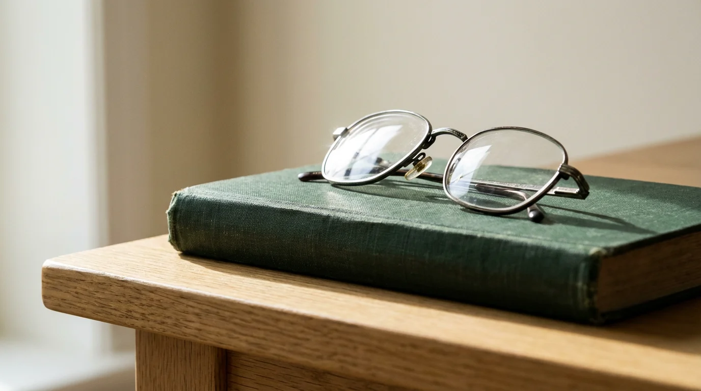 A low angle photograph of reading glasses resting on a closed book by a window.