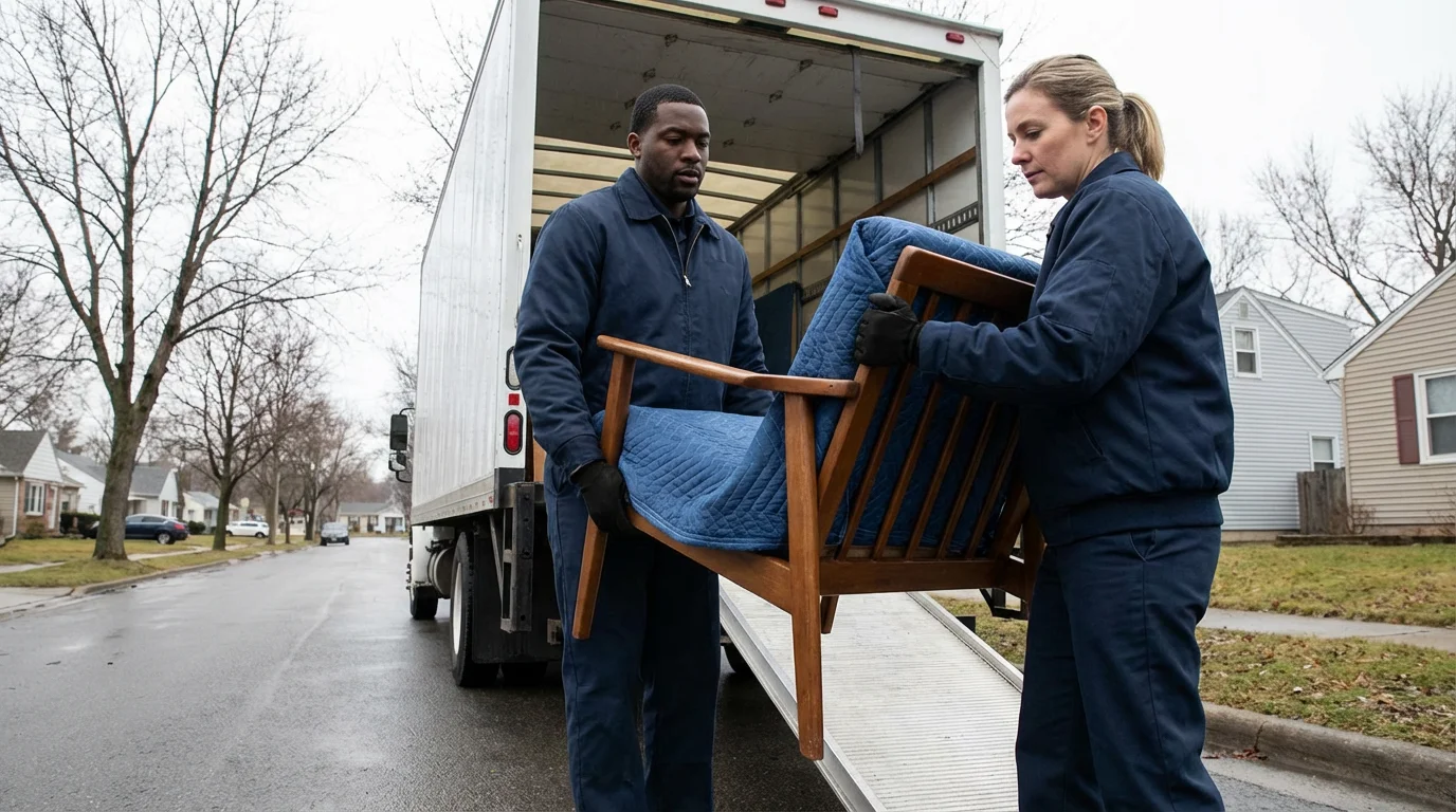 A low angle photograph of two professional movers carrying a protected armchair down a moving truck ramp.