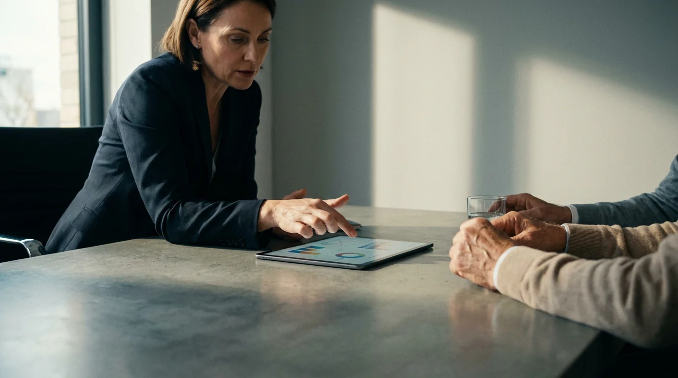 A low angle shot of a financial advisor showing a tablet to a senior couple.