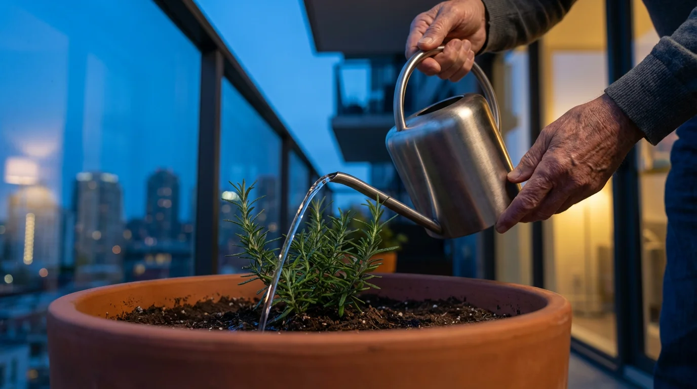 A low angle shot of a senior's hands watering a potted plant at dusk.
