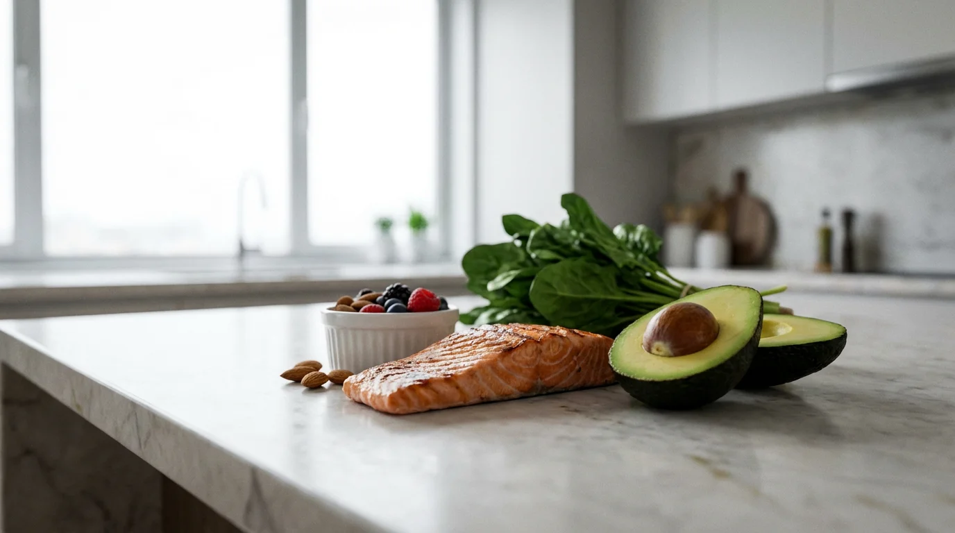 A low angle shot of healthy foods like salmon, avocado, and berries on a countertop.