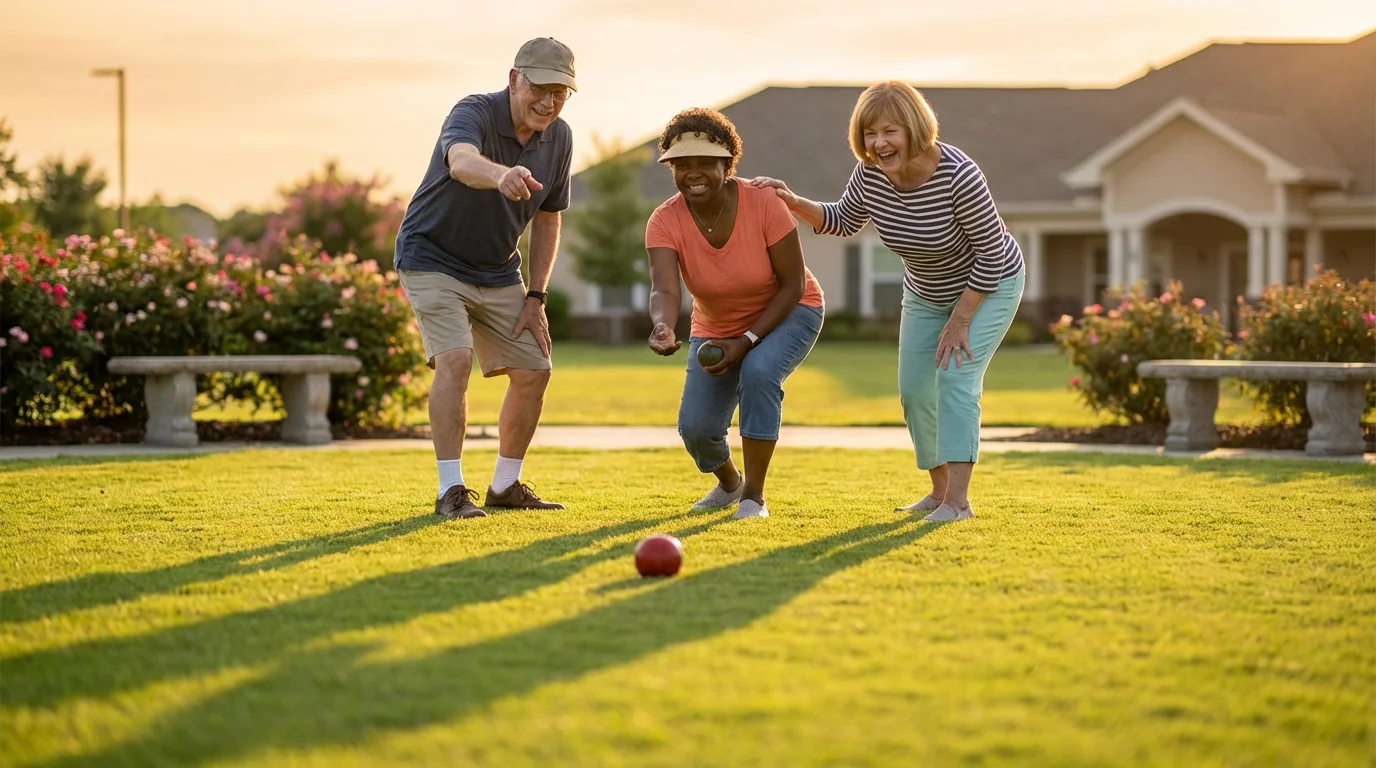A low angle shot of three diverse seniors happily playing bocce ball outdoors.