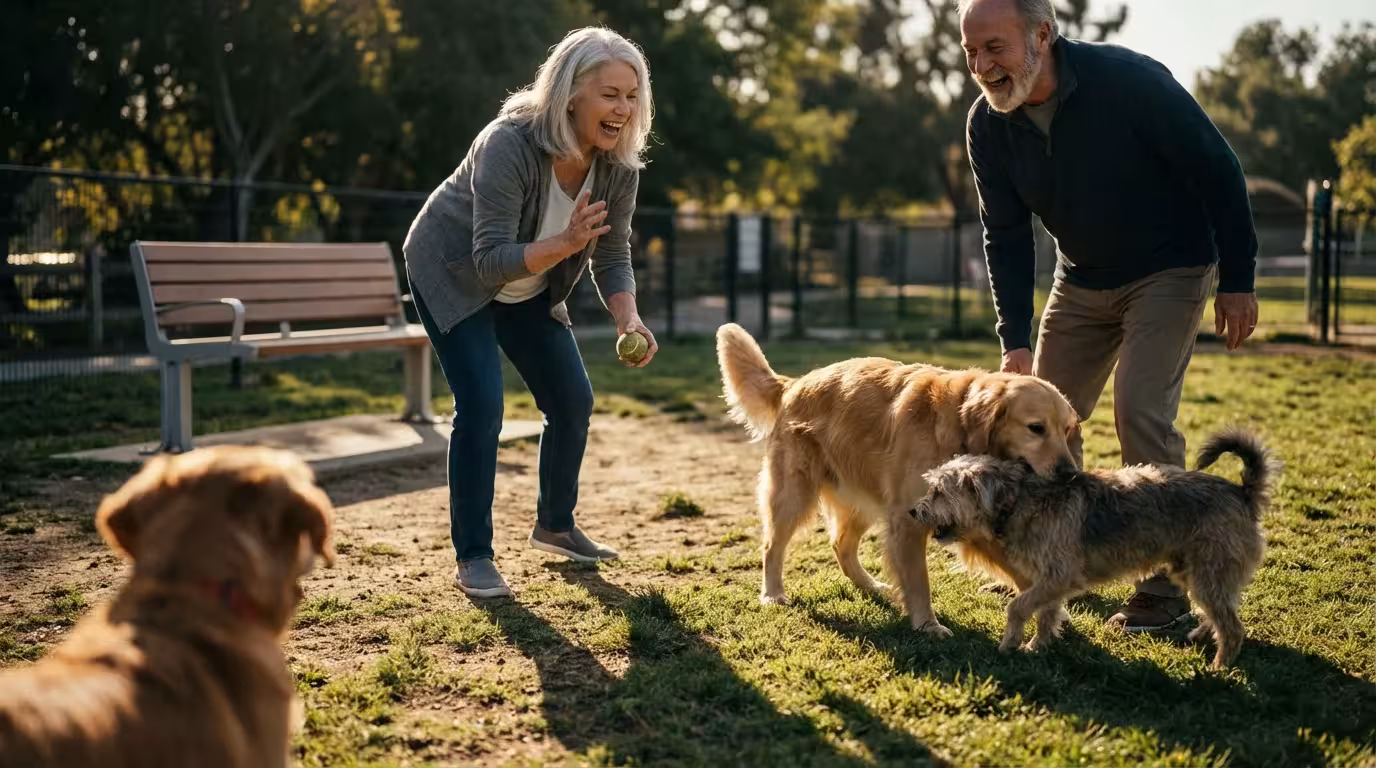 A low angle shot of two seniors laughing as their dogs play in a sunny dog park.