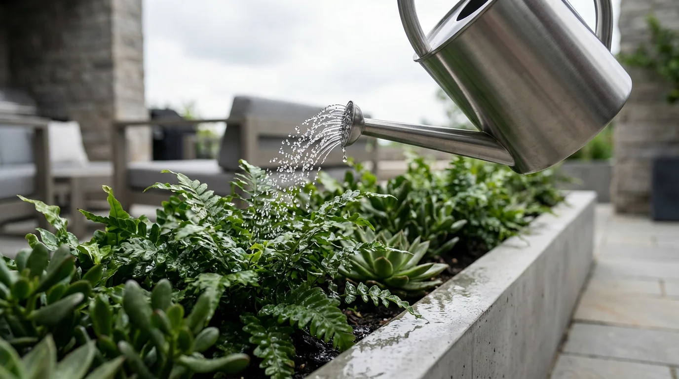 A low angle view of a modern watering can nurturing lush green plants.