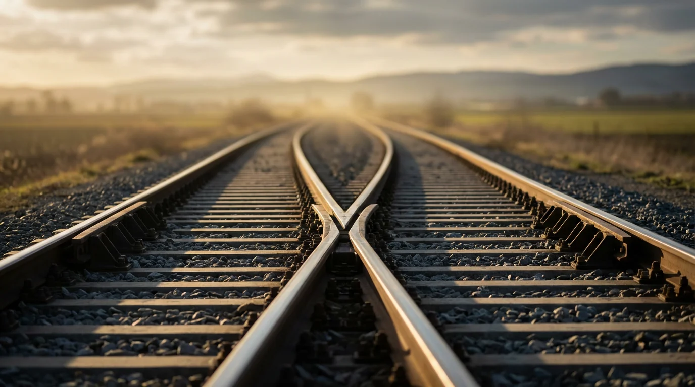 A low angle view of a railroad switch with two diverging tracks at sunset.