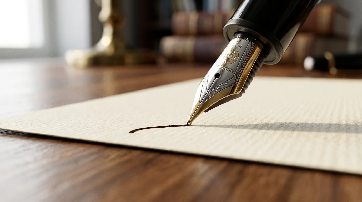 A macro photograph of a fountain pen nib beginning to sign a document.