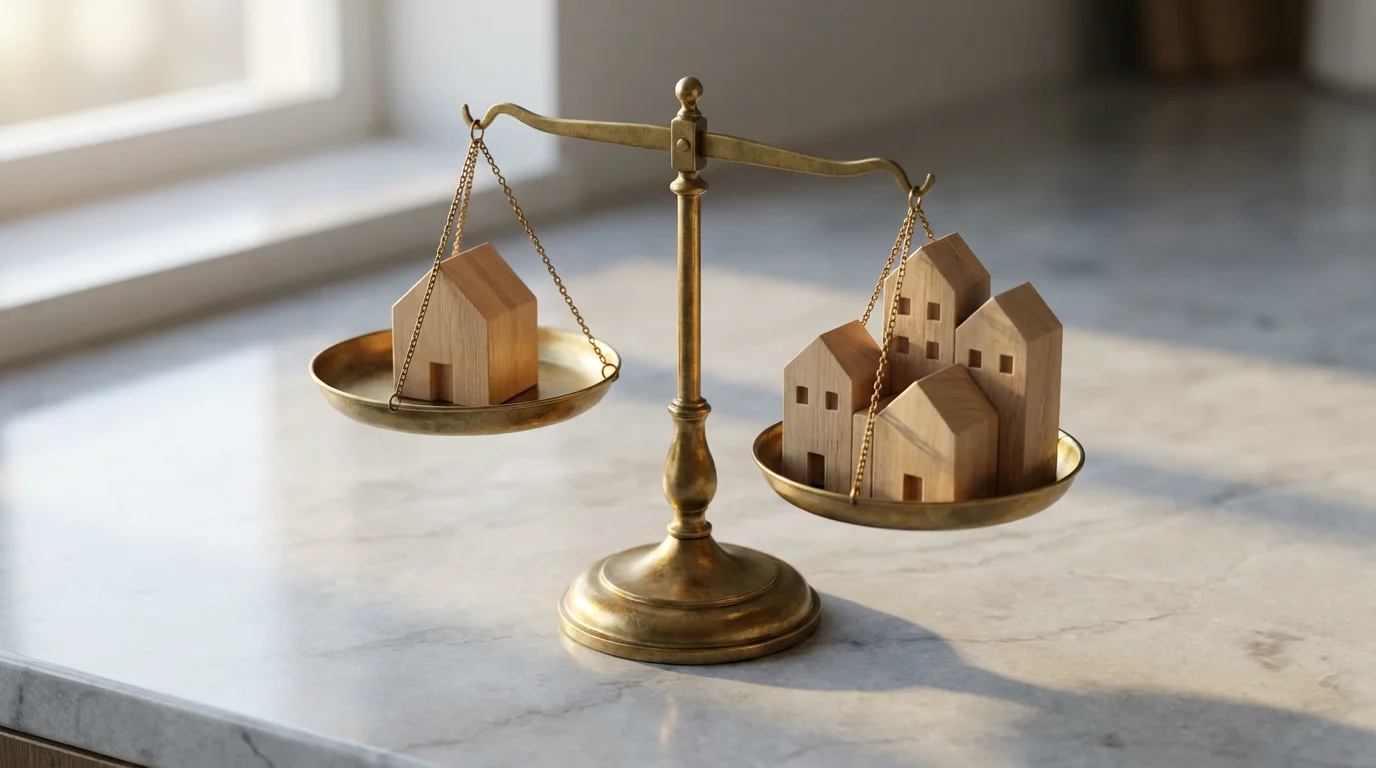 A macro shot of a brass scale balancing a single house against a community model.