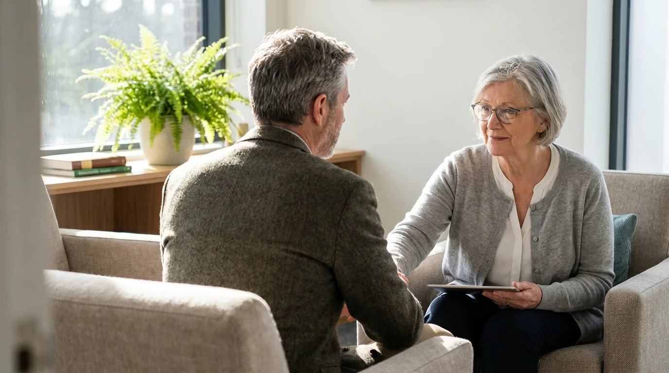 A man seen from over his shoulder talking with a compassionate female doctor.
