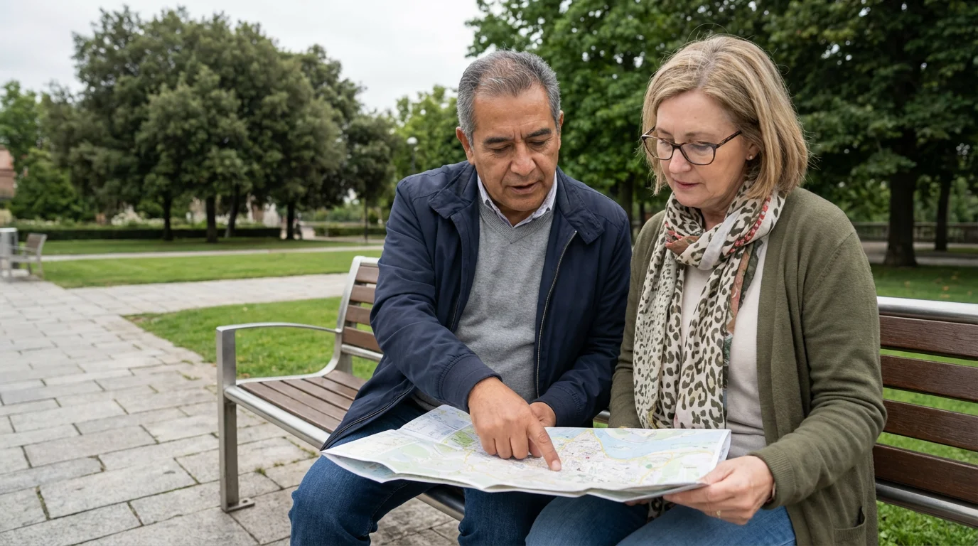 A mature couple in their 60s thoughtfully examining a community map on a park bench.