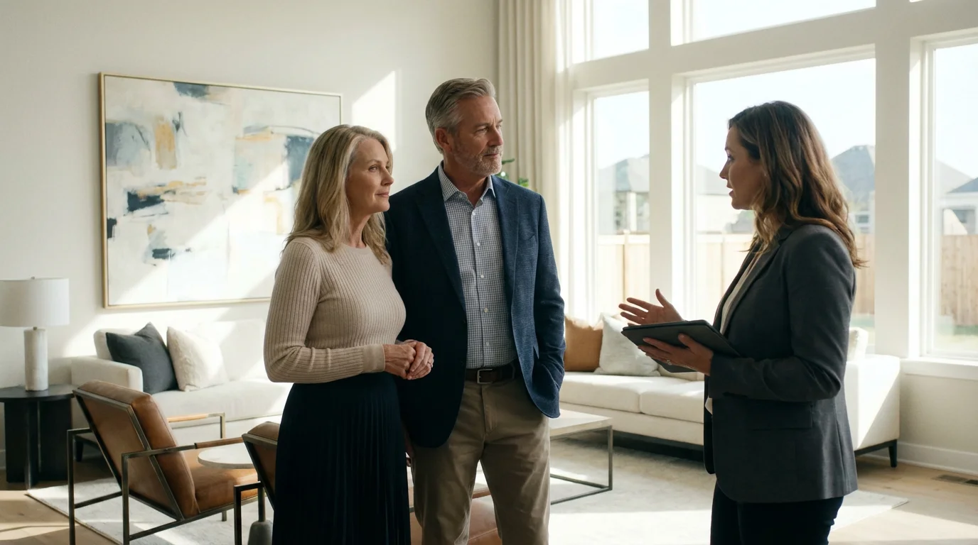 A mature couple on a guided tour of a modern, light-filled model home.