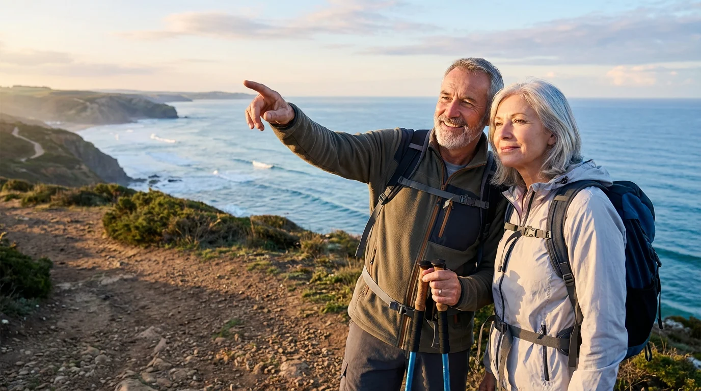 A mature couple on a scenic coastal hike, envisioning their retirement lifestyle.