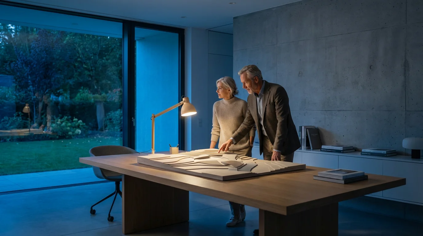 A mature couple planning with an architectural model in a modern home office at dusk.