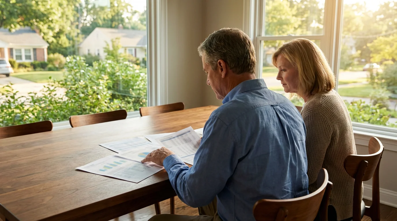 A mature couple reviewing HOA financial documents at a dining table in their home.