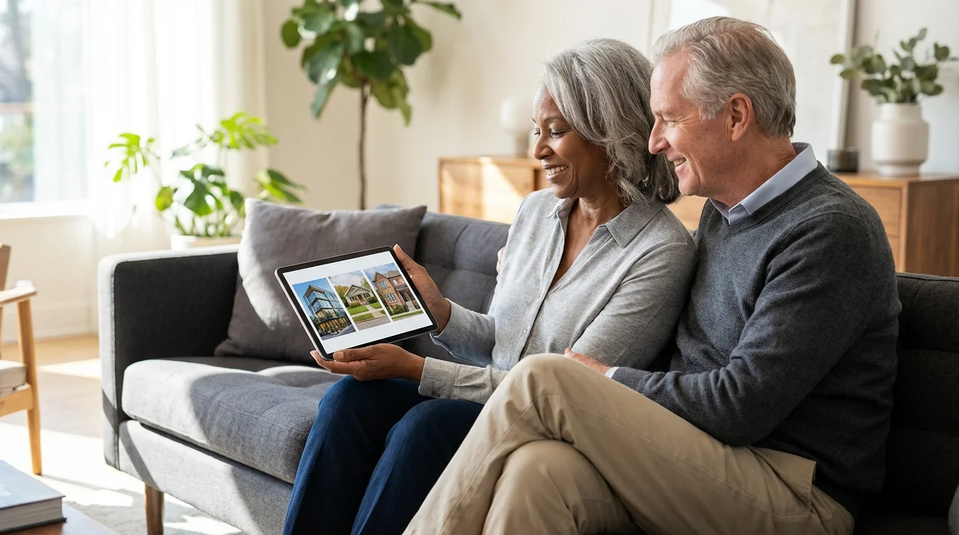 A mature couple sits on a sofa looking at retirement housing options on a tablet.