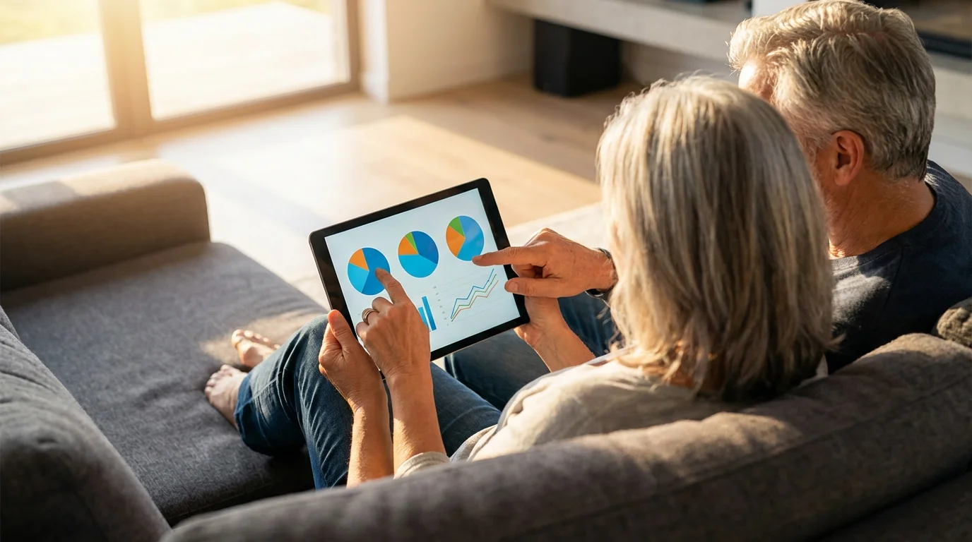 A mature couple sitting on a sofa, planning their retirement budget on a tablet.