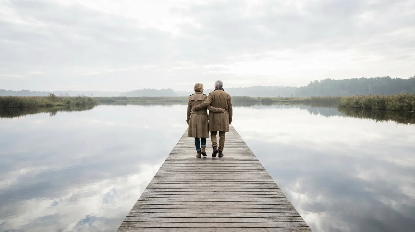 A mature couple walks together down a wooden boardwalk over a calm, expansive lake.