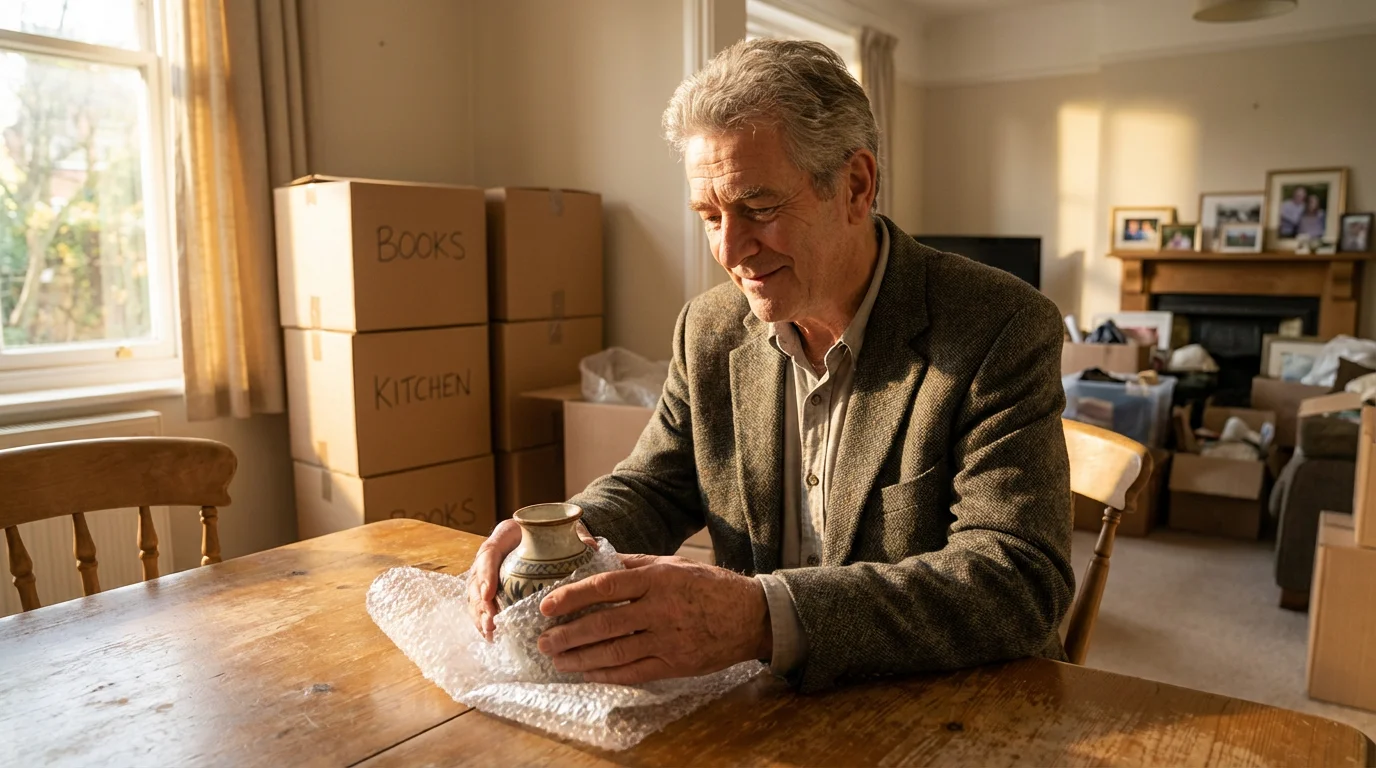 A mature man carefully packing a cherished item into a box for a retirement move.
