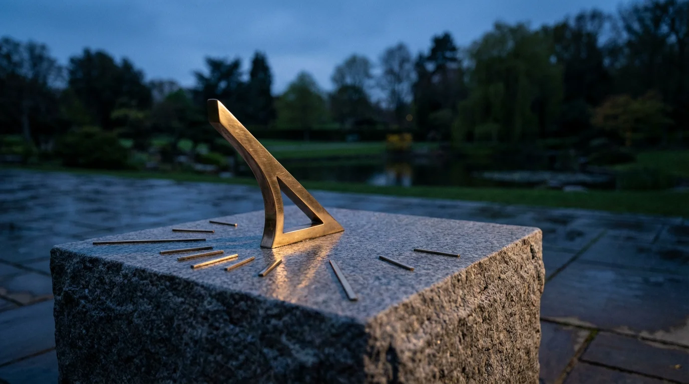 A modern bronze and granite sundial on a patio during blue hour twilight.