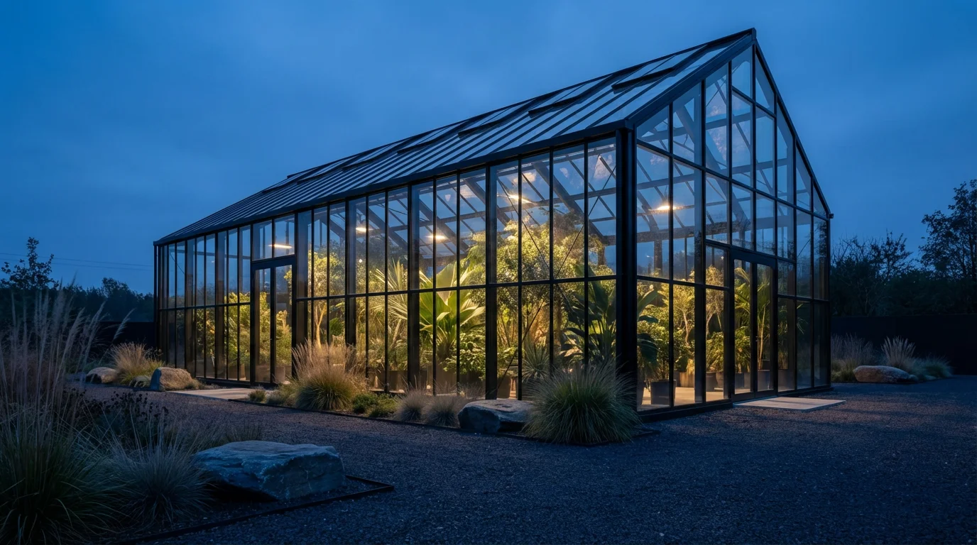 A modern glass greenhouse glowing from within at dusk in a tranquil garden.