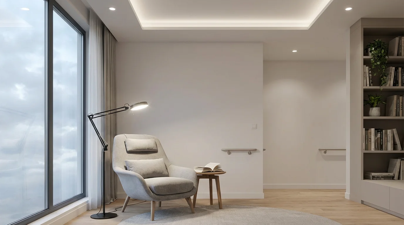 A modern living room reading nook with layered ambient and task lighting for safety.