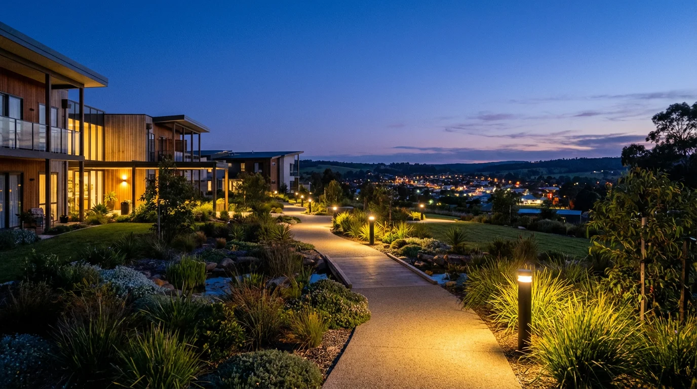 A modern retirement community at twilight, with a lit path overlooking a nearby town.