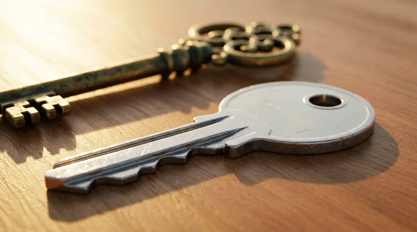 A modern silver house key in focus next to a blurry antique brass key.