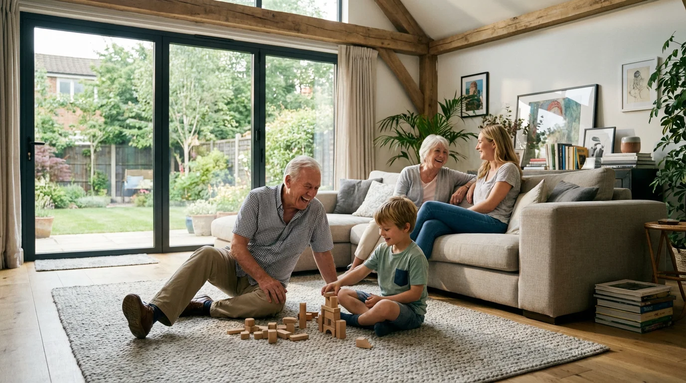 A multi-generational family relaxing and playing together in a bright, modern living room.