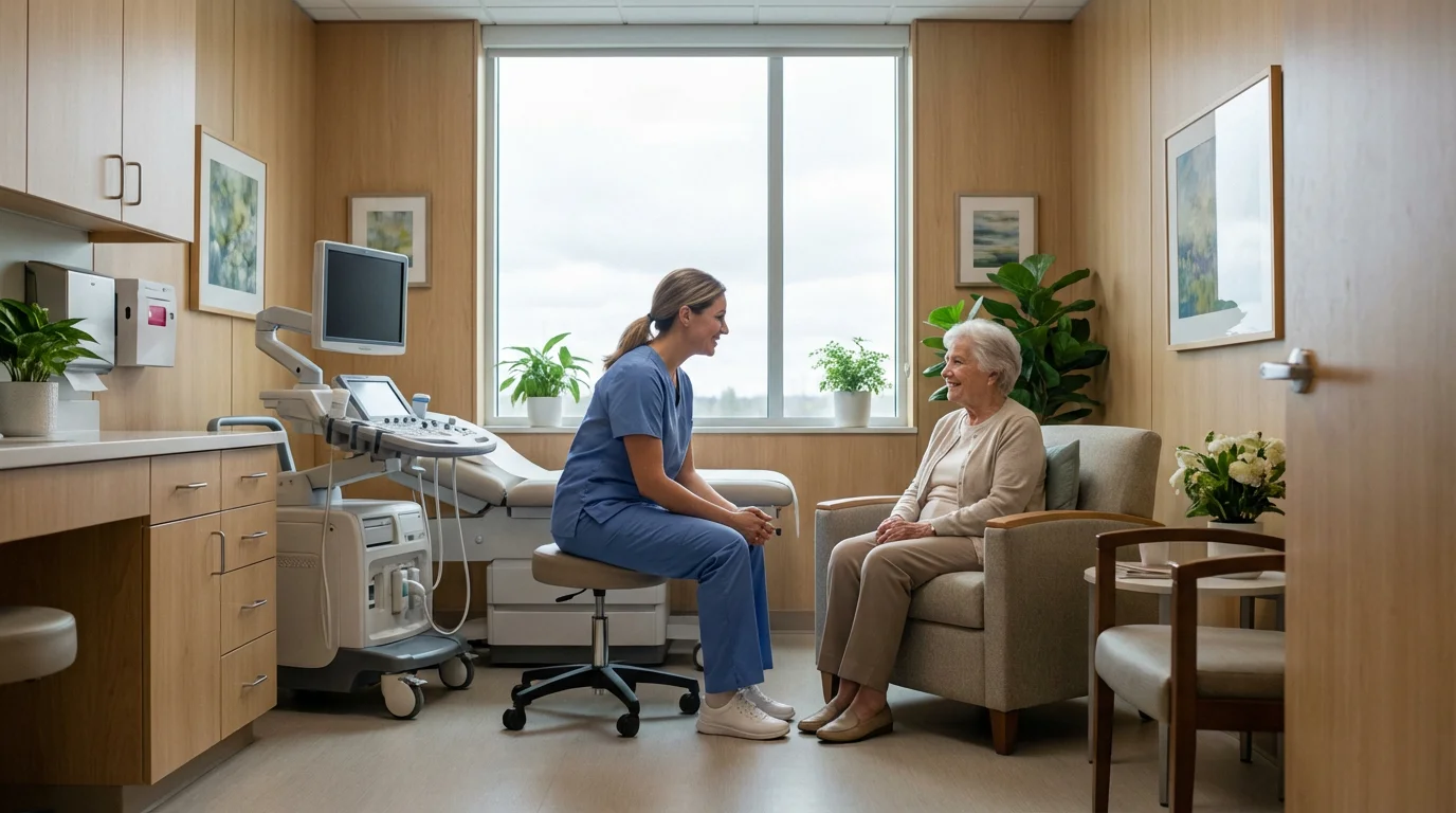 A nurse speaks with an elderly resident in a bright, modern retirement community clinic.