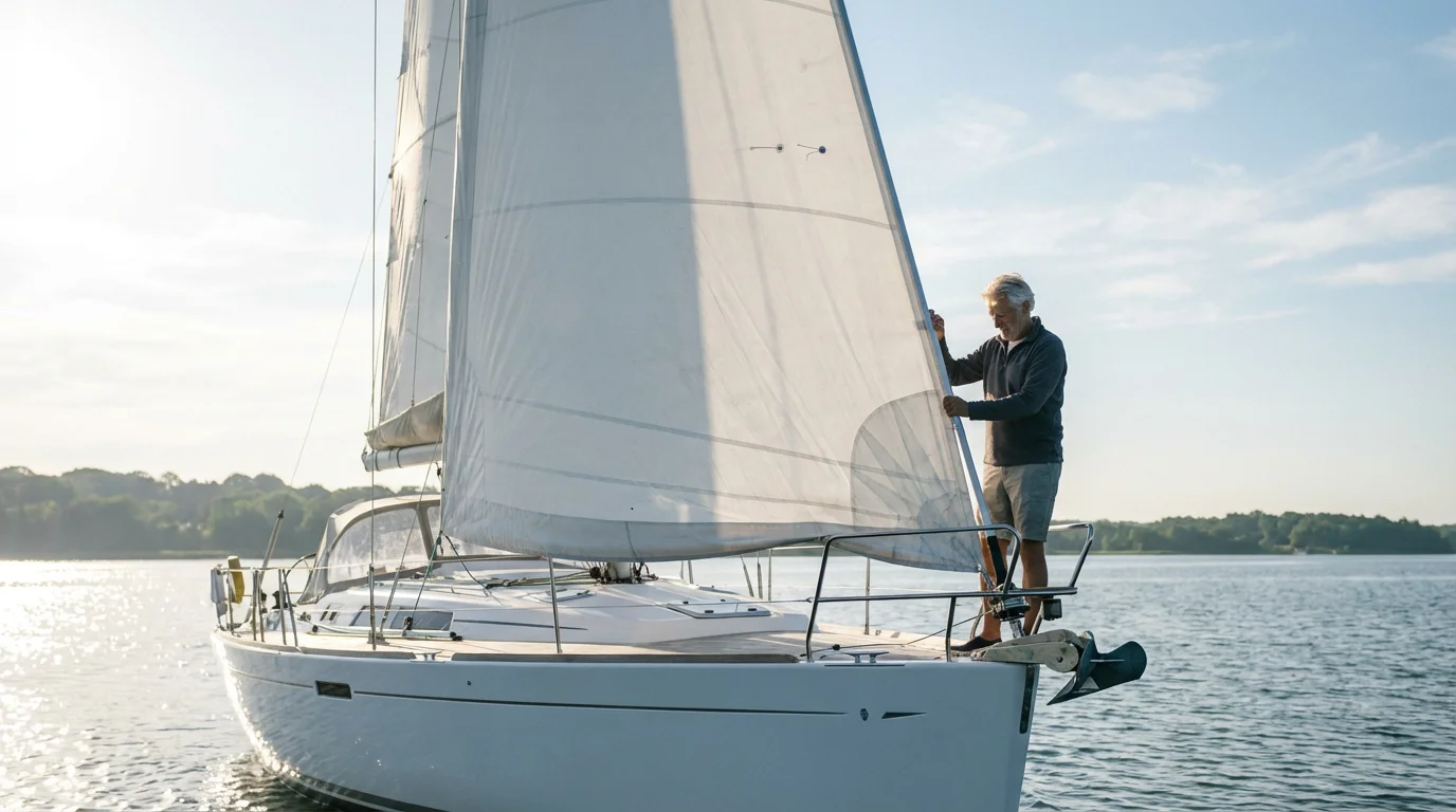 A person adjusting the sail of a modern sailboat on a calm bay.