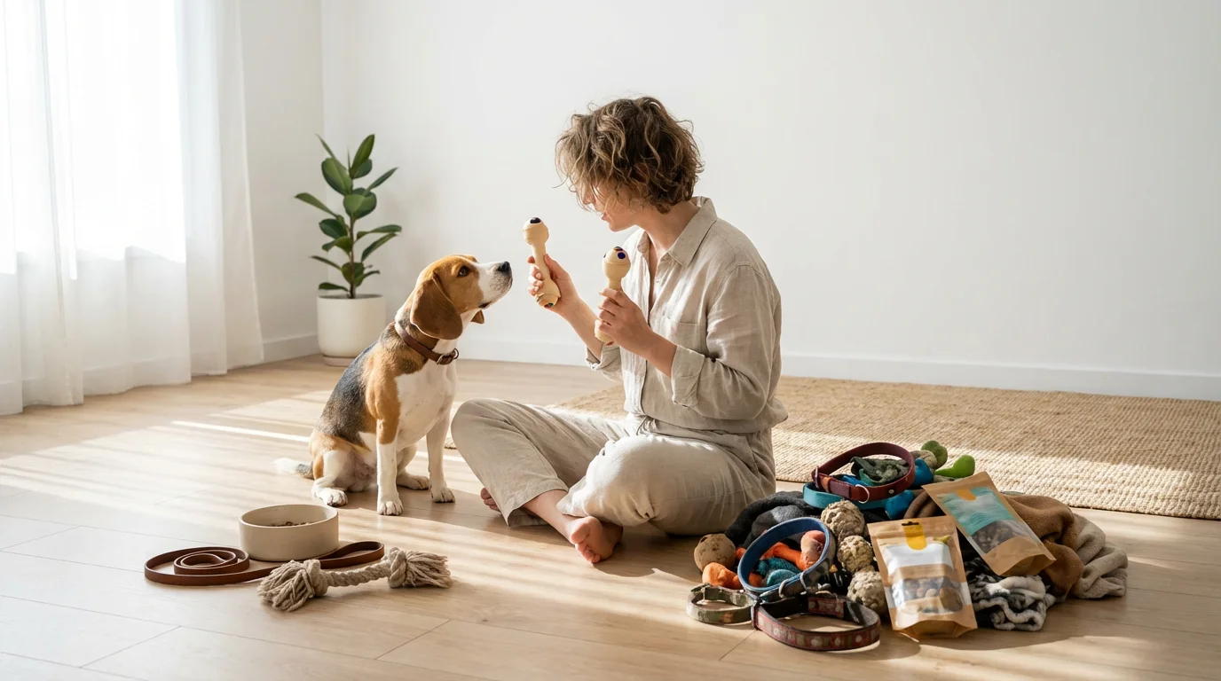 A person and their beagle dog decluttering piles of pet supplies in a sunlit room.