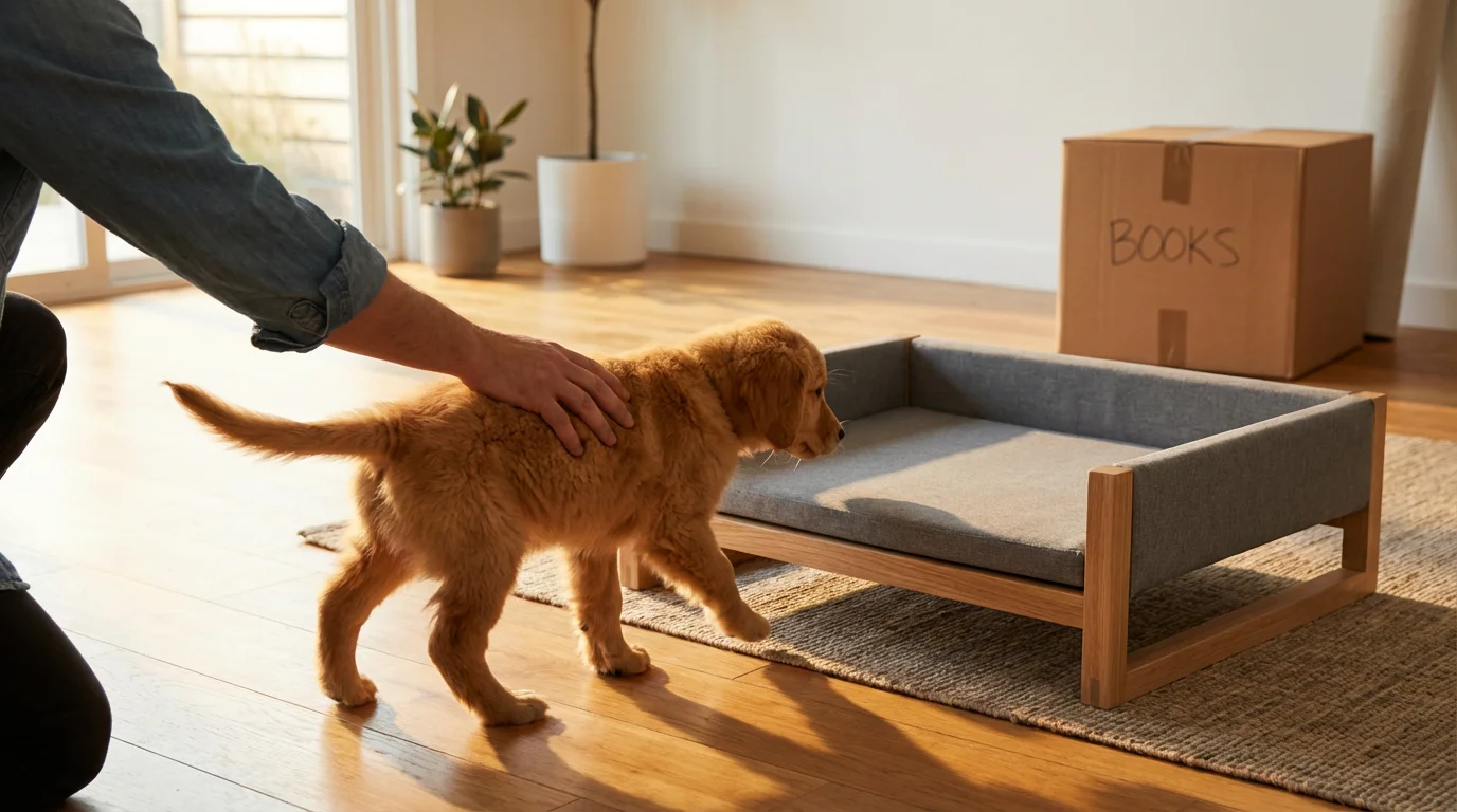 A person introduces a golden retriever puppy to a new dog bed before moving.