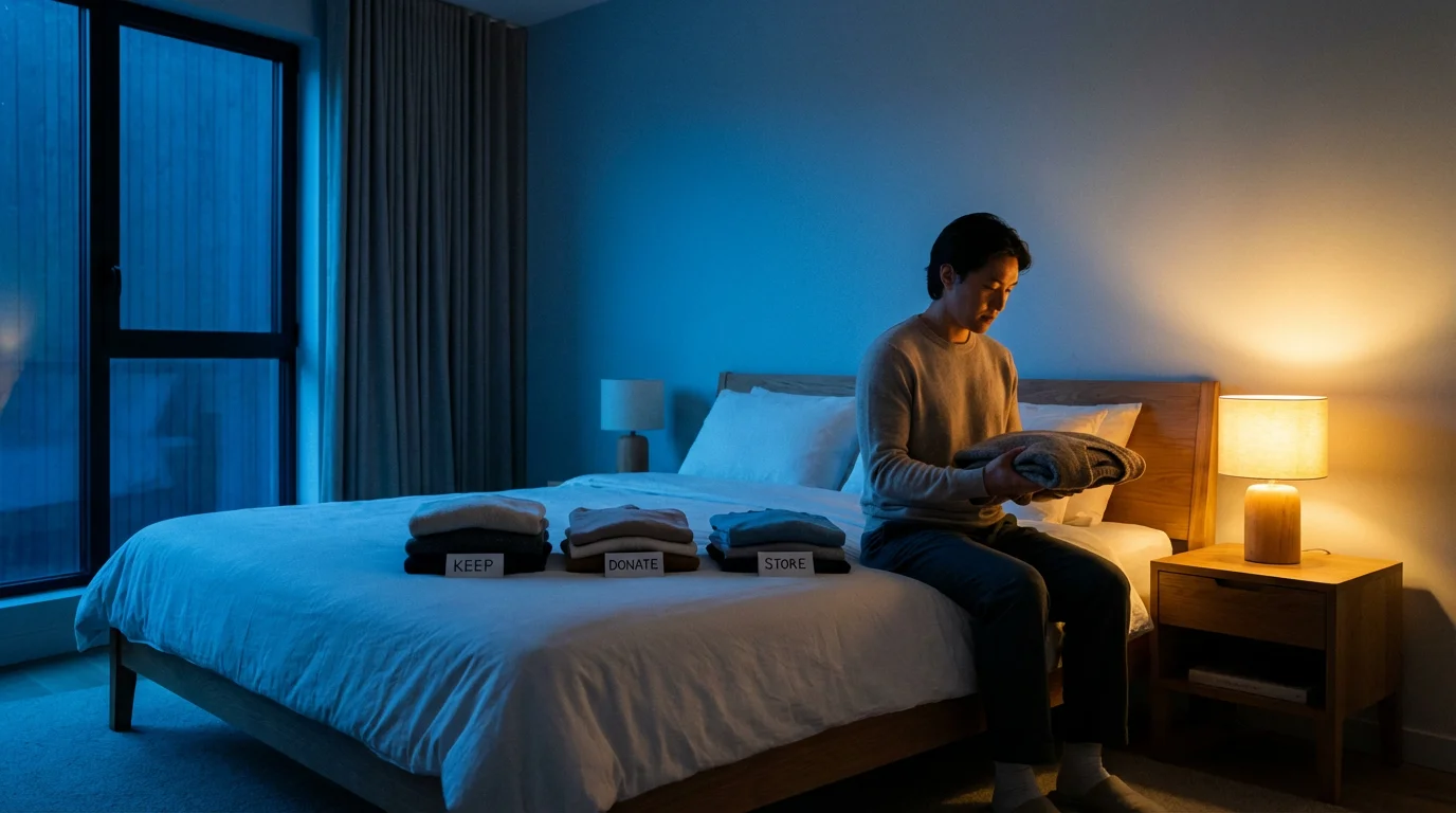 A person methodically sorting clothes on a bed in a tidy bedroom at dusk.