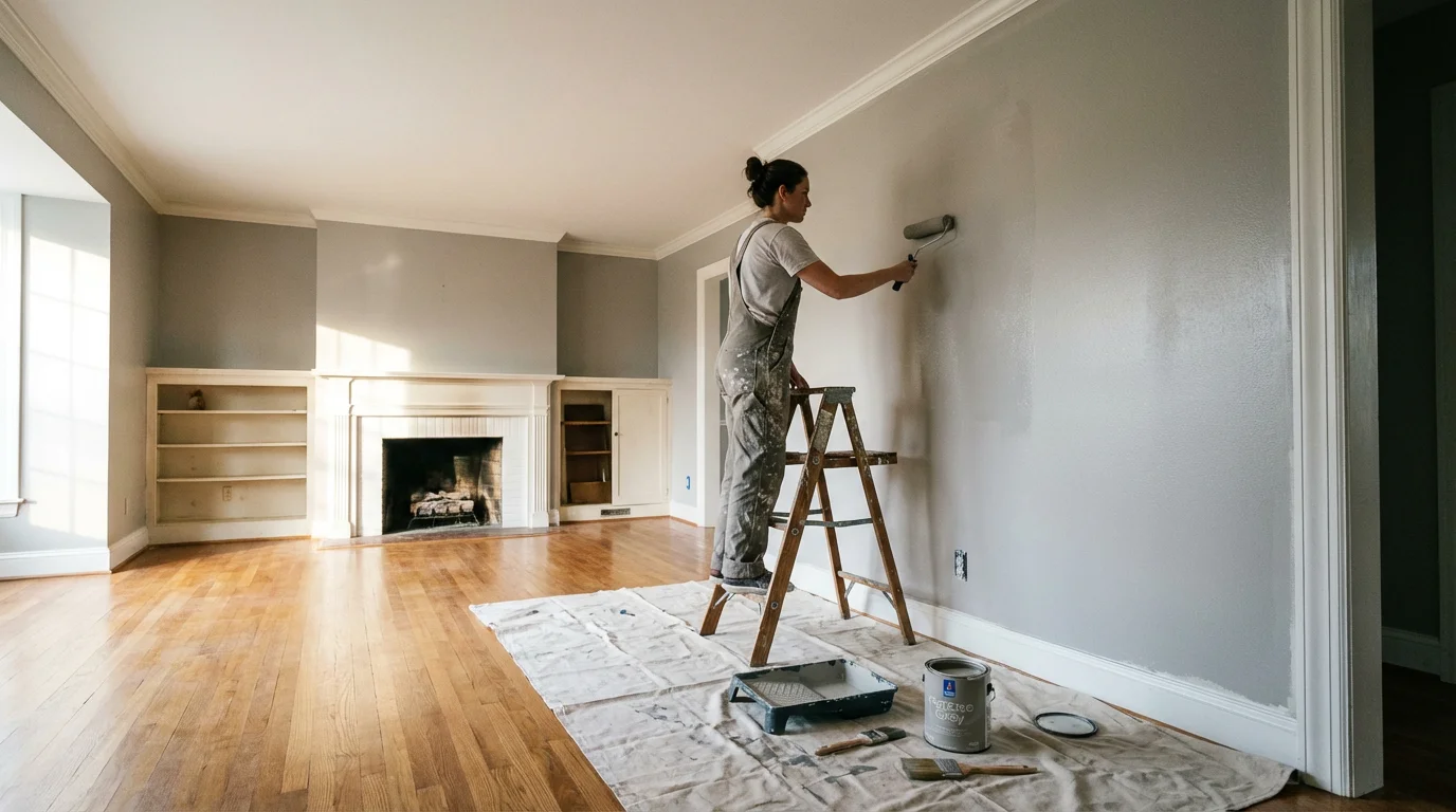 A person on a stepladder painting a wall in an empty room with natural light.