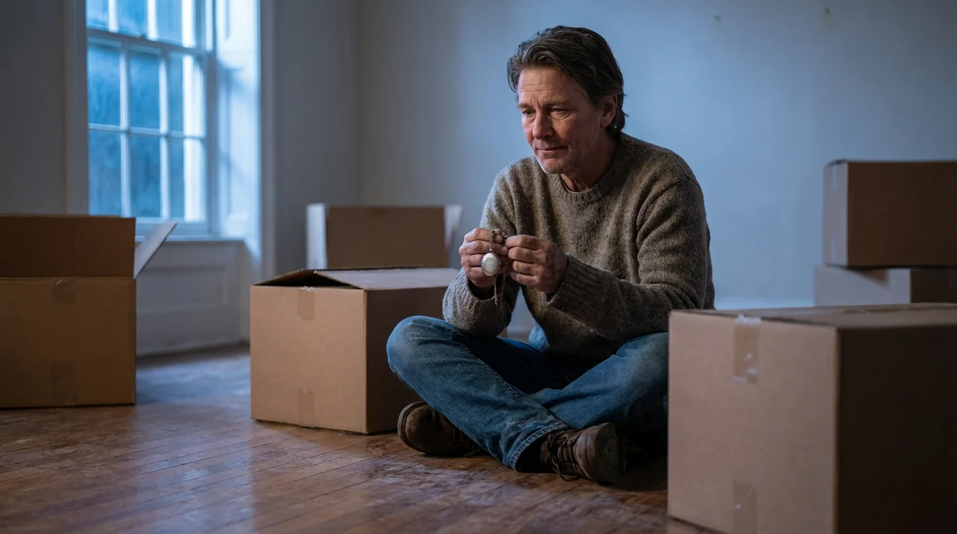 A person sits on the floor with packing boxes, holding a keepsake at dusk.