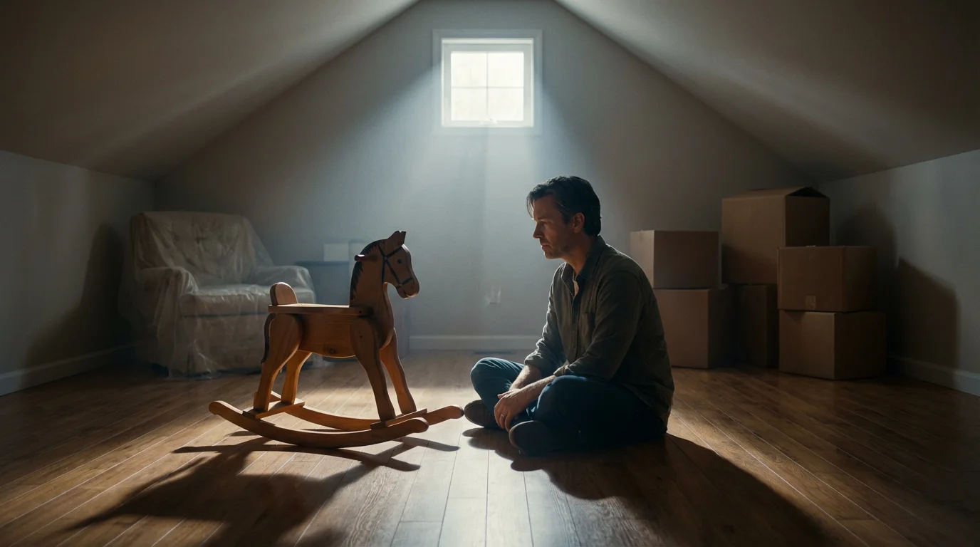 A person sitting on an attic floor looking at a vintage wooden rocking horse.