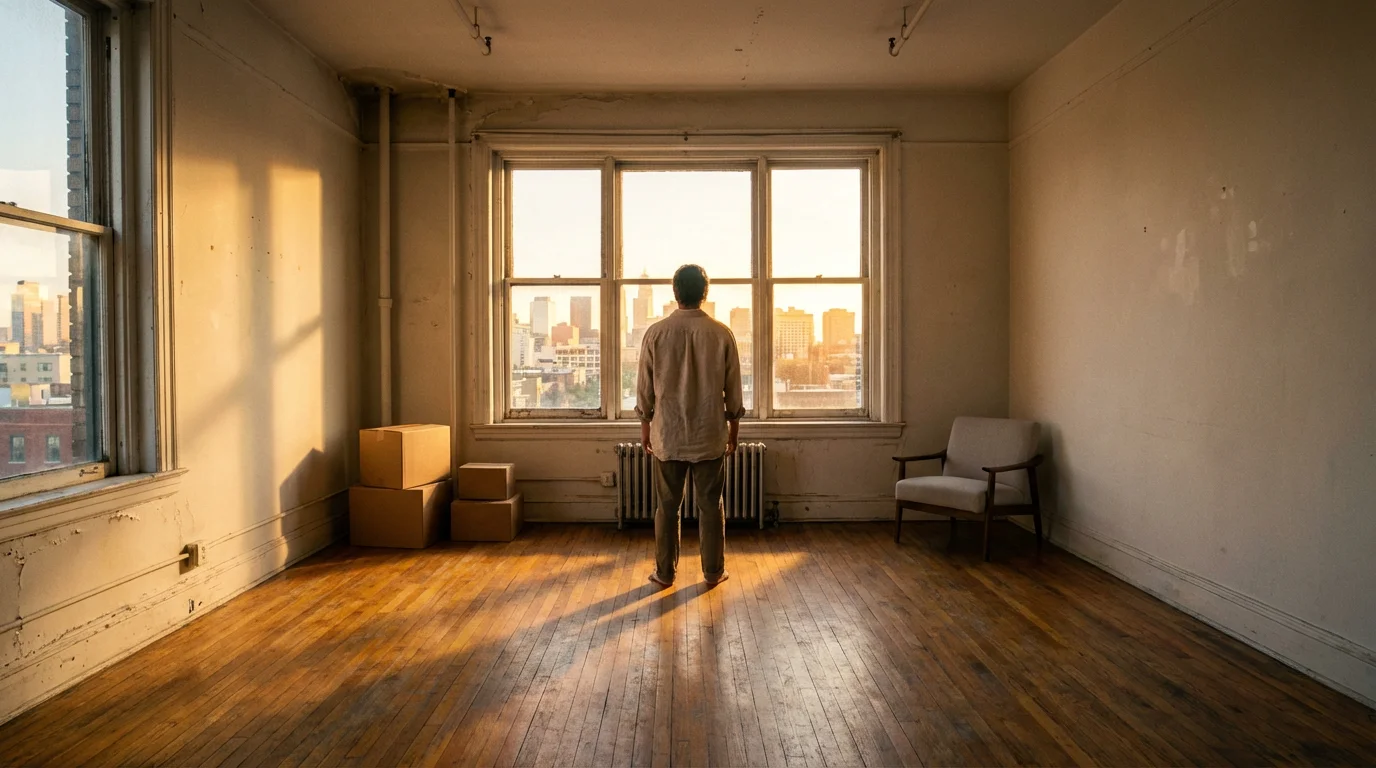 A person thoughtfully standing in a nearly empty small living room at golden hour.
