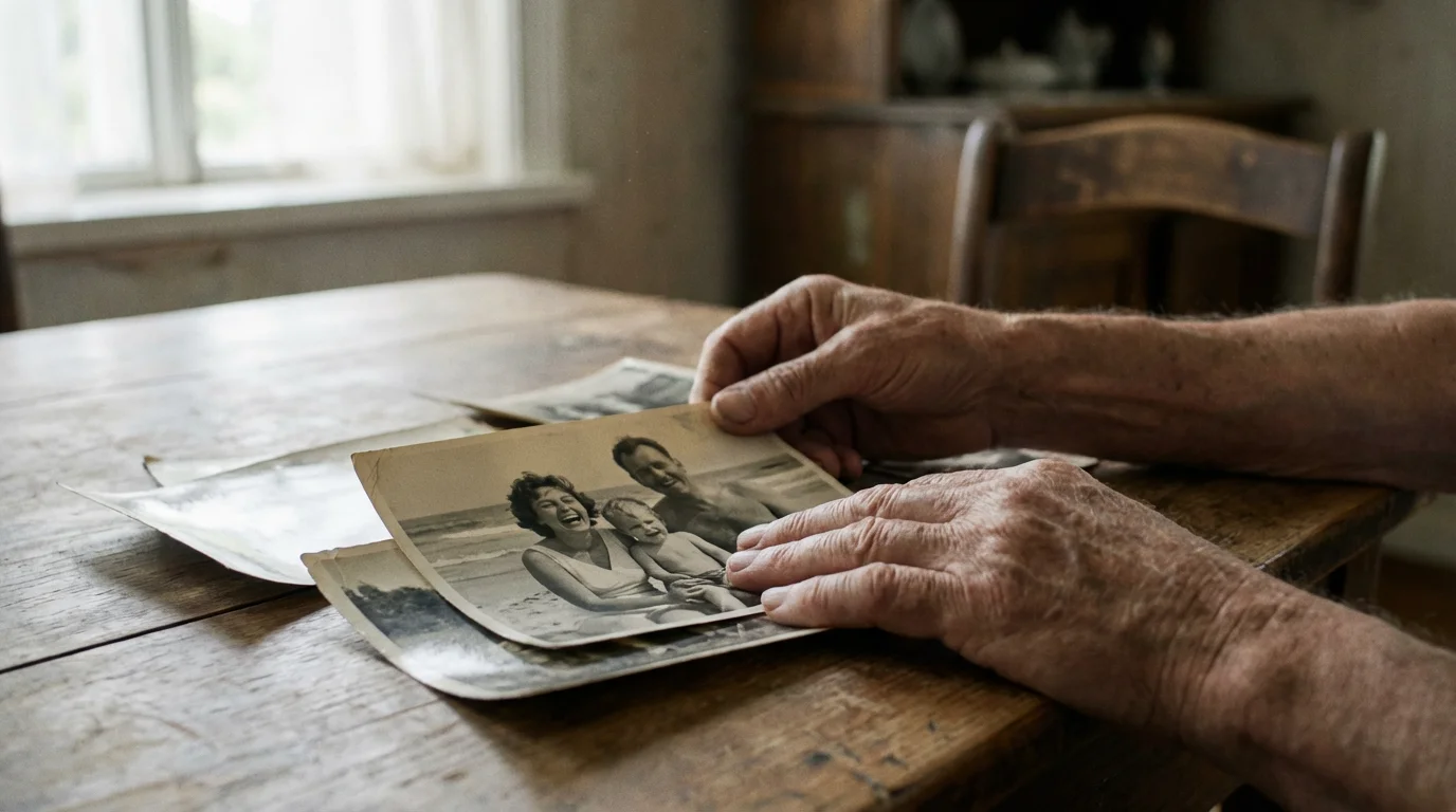 A person's hands gently sorting through old black-and-white photographs on a wooden table.