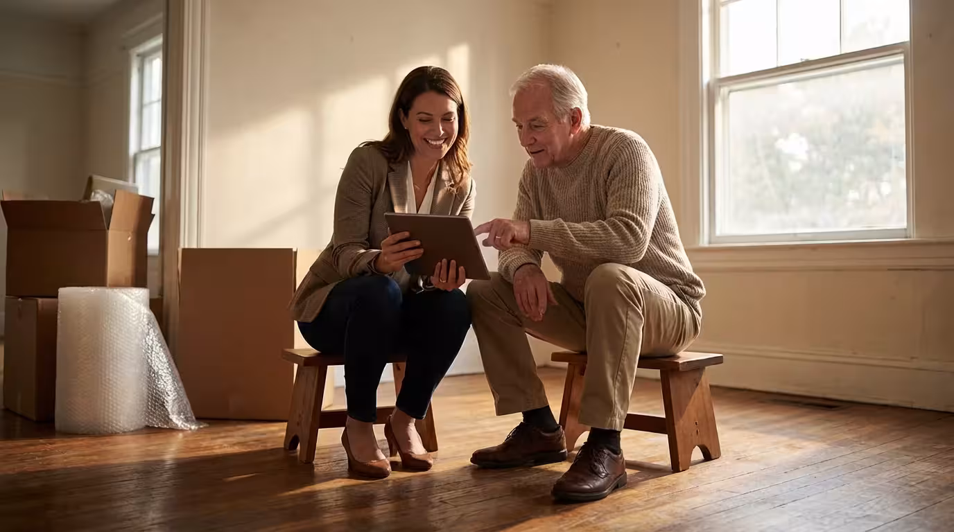 A professional downsizing specialist and a senior man review a floor plan on a tablet.
