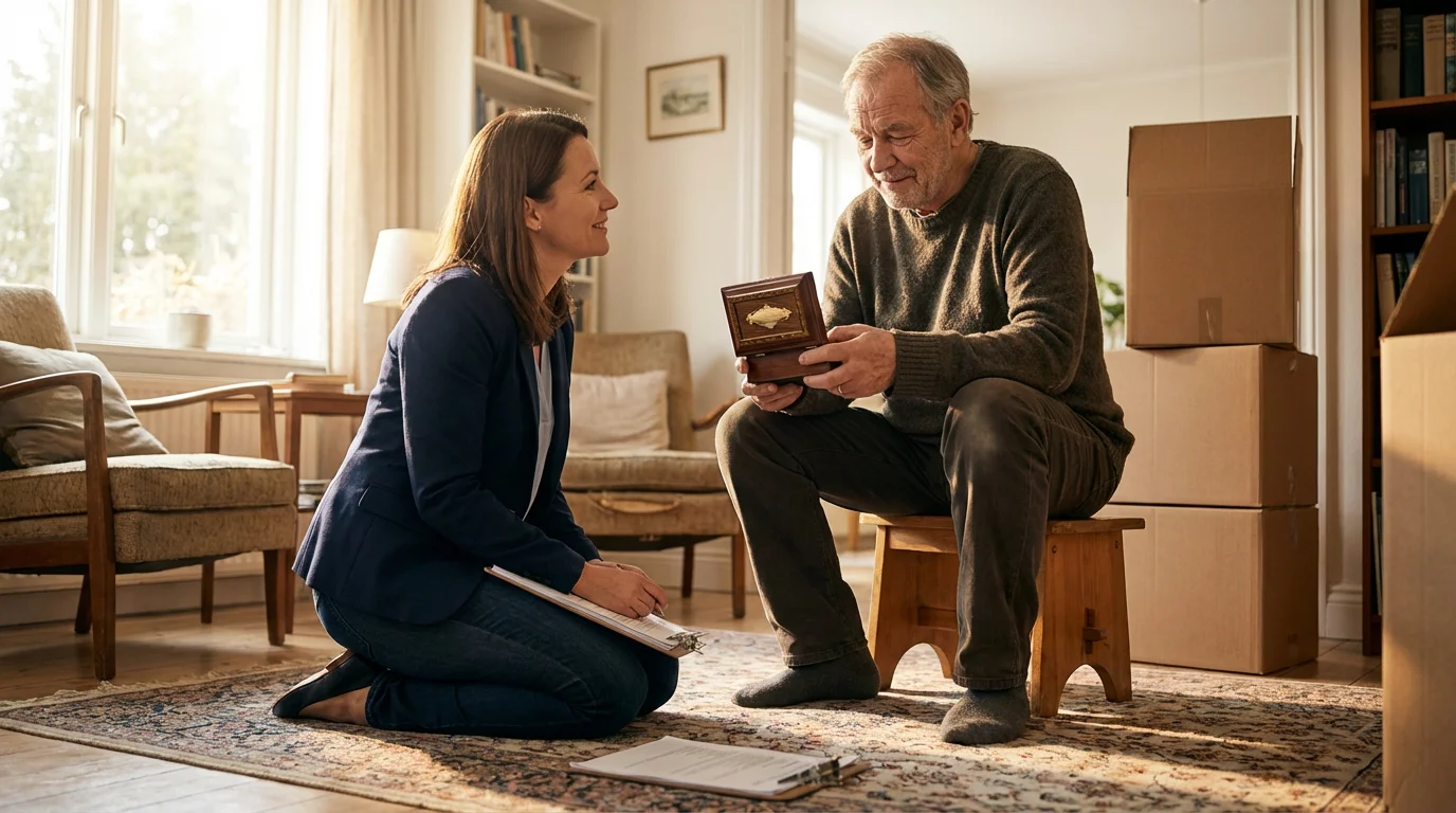 A professional organizer compassionately helps an older man sort belongings in a sunlit room.