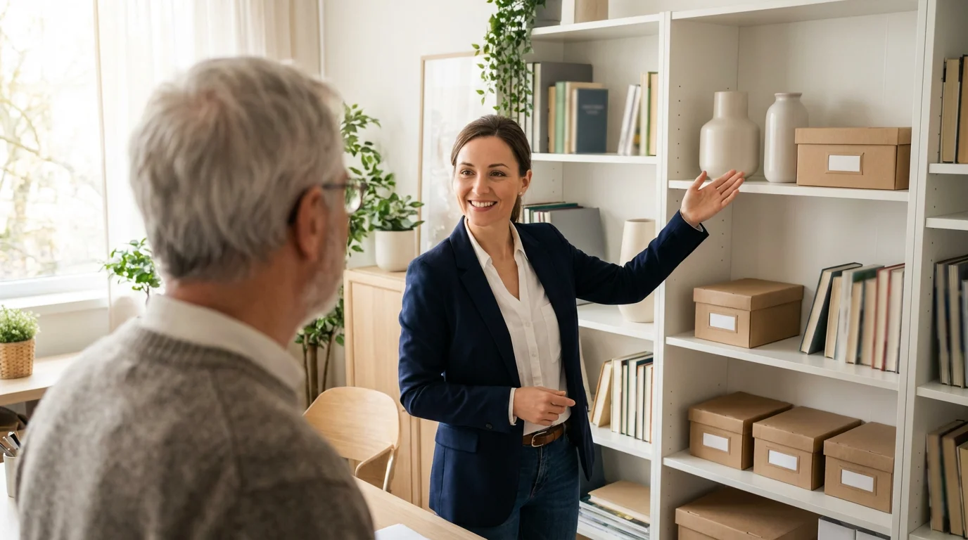 A professional organizer helps an older person declutter a bookshelf in a home office.
