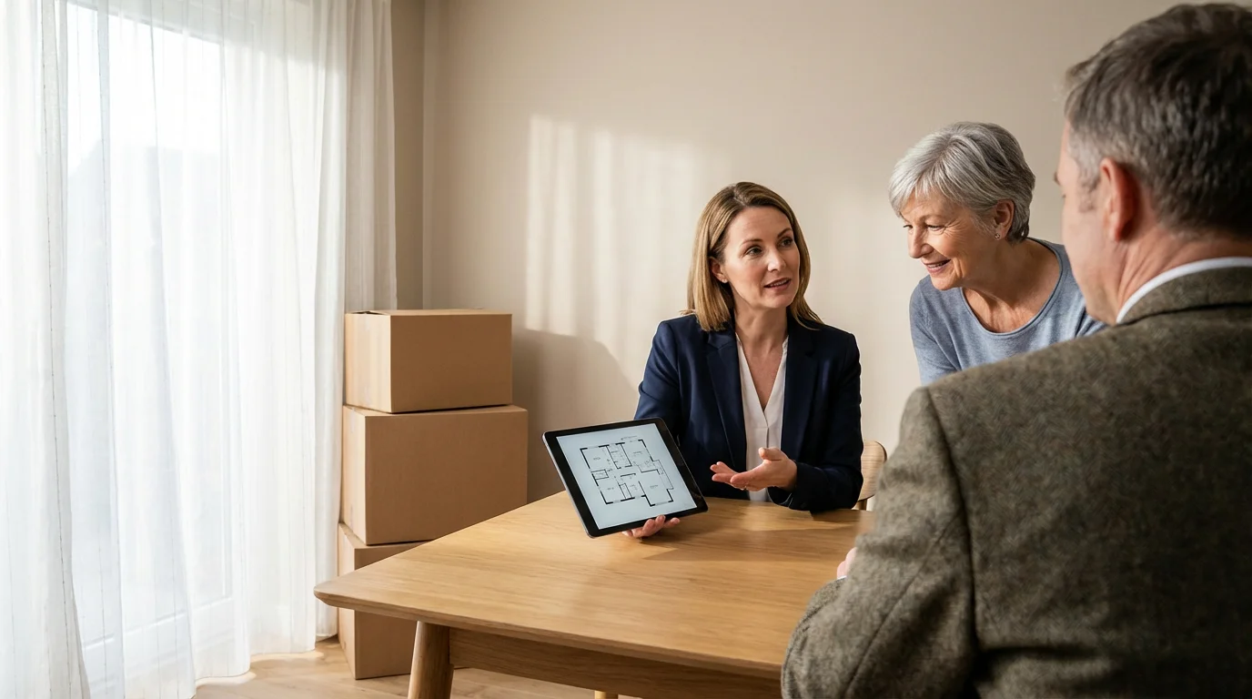 A professional organizer uses a tablet to help an older couple plan their move.