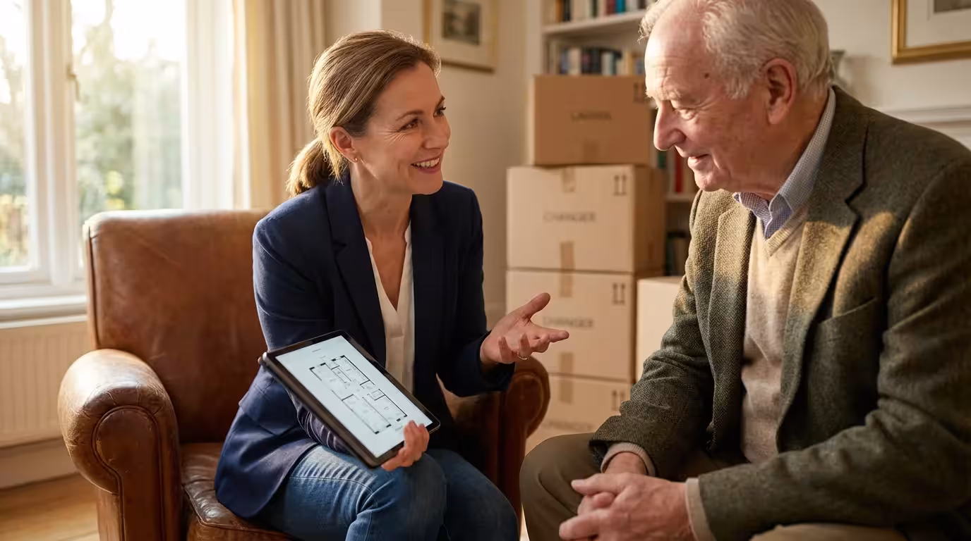 A professional senior move manager assisting an elderly man with downsizing plans in his living room.