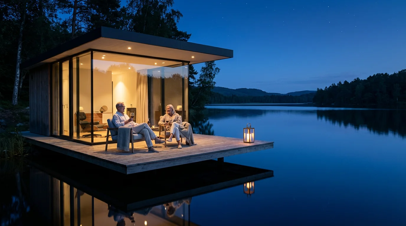A retired couple enjoying the evening on the deck of their modern, downsized lakeside home.