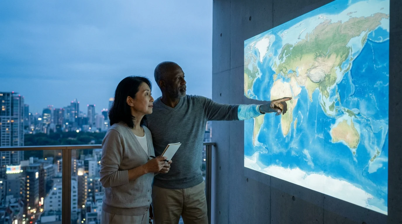 A retired couple on a city balcony at dusk, looking at a projected world map.