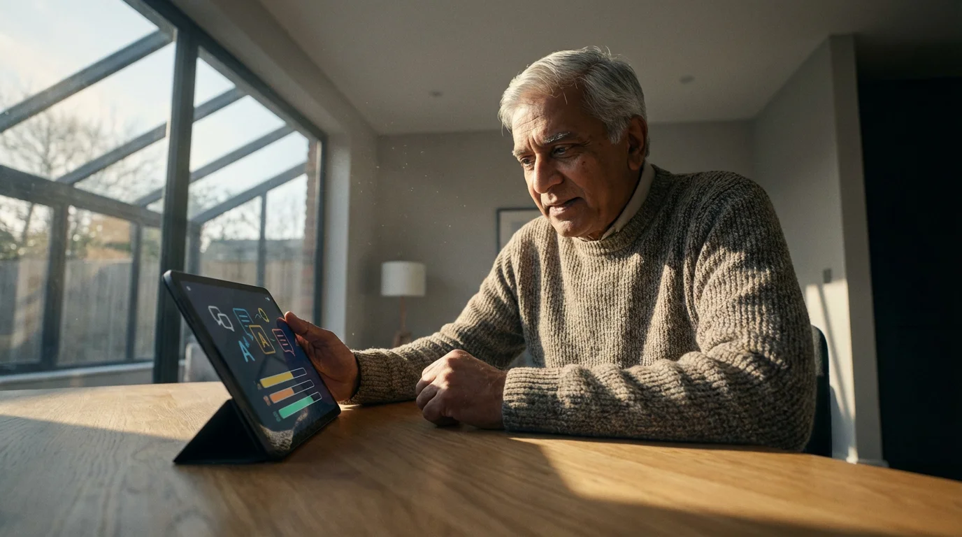 A retired man intently studies a language on a tablet in a sunlit room.